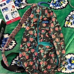 Kavu Black Floral Sling Bag with Teal Accents
